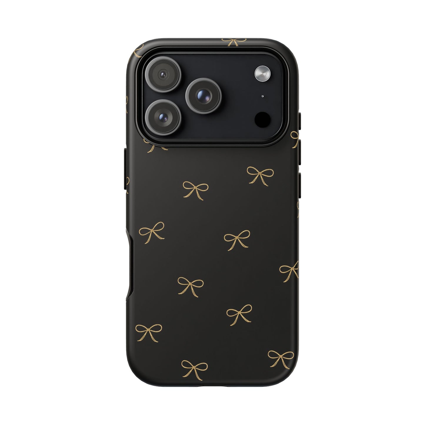 Black Phone Case with Gold Bow Pattern – Slim Protective Cute Aesthetic Cover for Iphone, Samsung Galaxy and Pixel