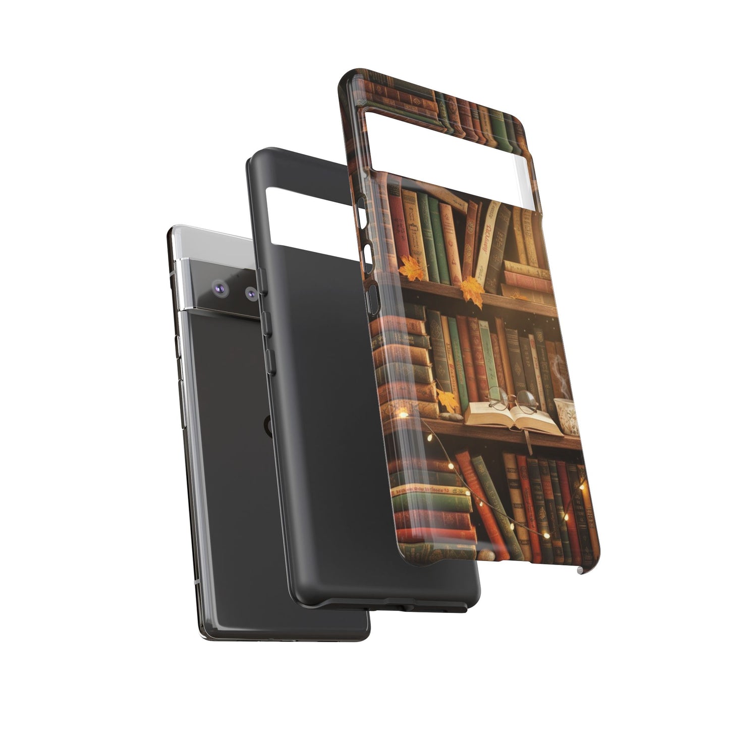 Cozy Vintage Bookshelf Phone Case, Library Aesthetic Book Stack, Autumn Coffee Vibes (iPhone, Samsung, Pixel)