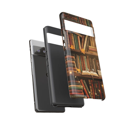 Cozy Vintage Bookshelf Phone Case, Library Aesthetic Book Stack, Autumn Coffee Vibes (iPhone, Samsung, Pixel)