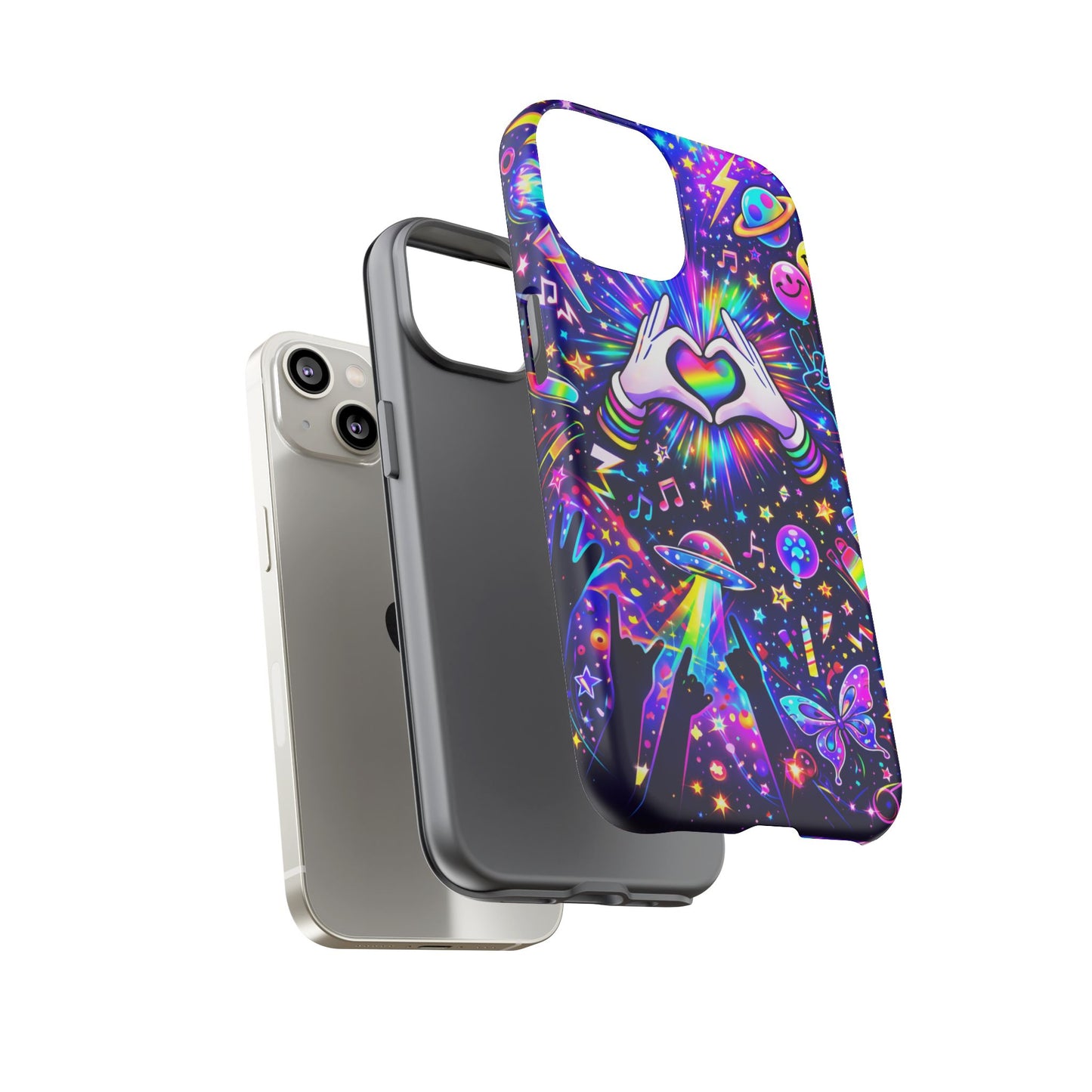 Rainbow Heart Hands Phone Case – Neon Galaxy EDM Festival Tough Cover
