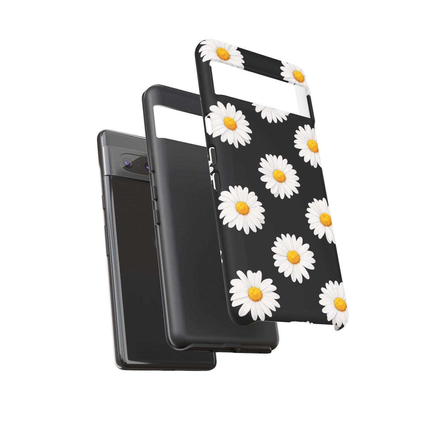 Black Daisy Floral Tough Phone Case – Cute Protective Cover for Iphone, Samsung Galaxy and Pixel