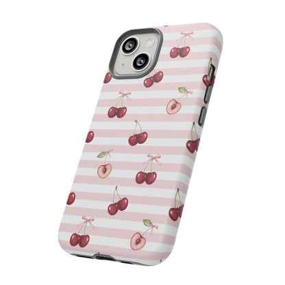 Pink Cherry Stripe Phone Case | Cute Coquette Aesthetic Protective Tough Case