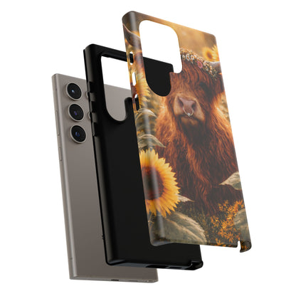 Highland Cow Sunflower Phone Case | Floral Farmhouse iPhone, Samsung Galaxy and Pixel Cover