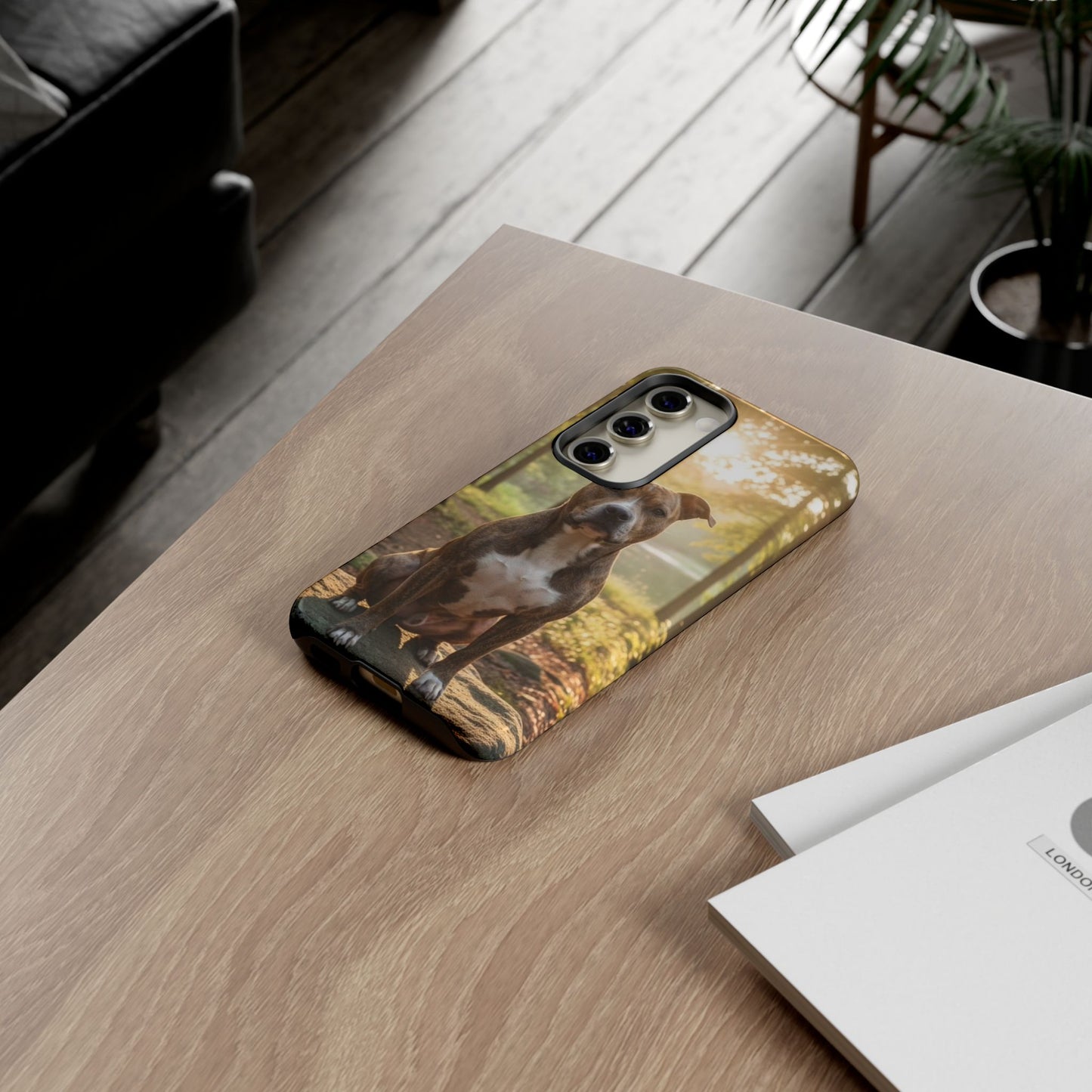Pitbull Portrait Phone Case | Dog Lover Tough Case, Sunset Forest