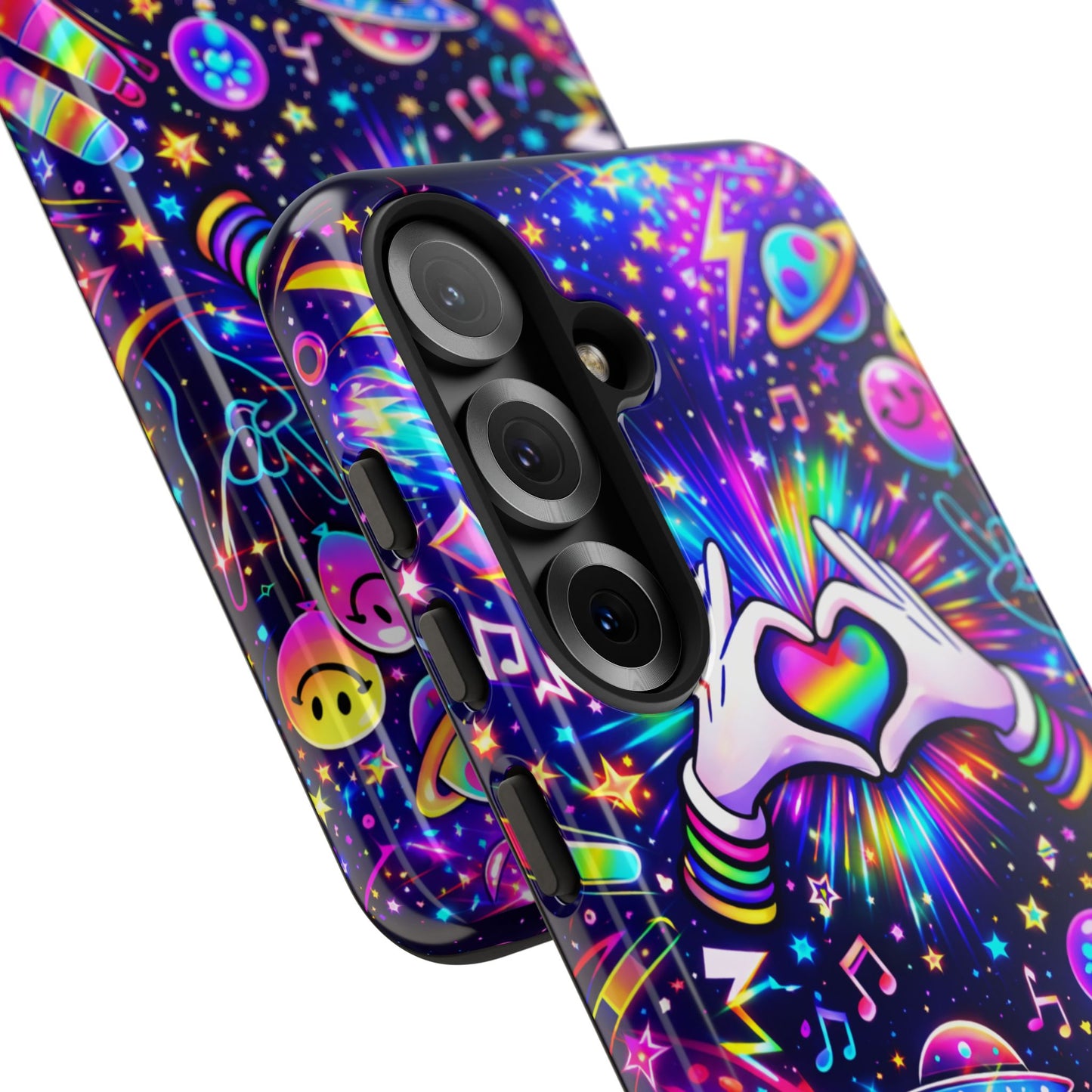 Rainbow Heart Hands Phone Case – Neon Galaxy EDM Festival Tough Cover