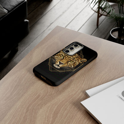 Leopard Head Geometric Phone Case – Black & Gold Luxe Tough Case