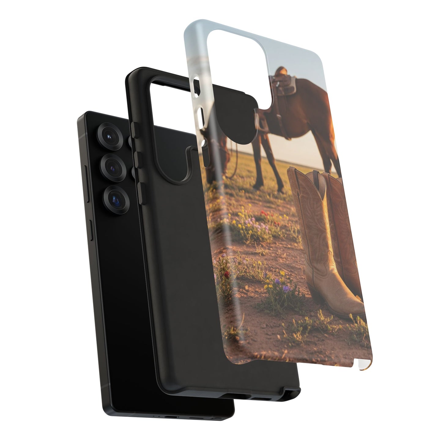 Western Cowboy Boots Phone Case – Rustic Horse Sunset Tough Case (iPhone, Samsung, Pixel)