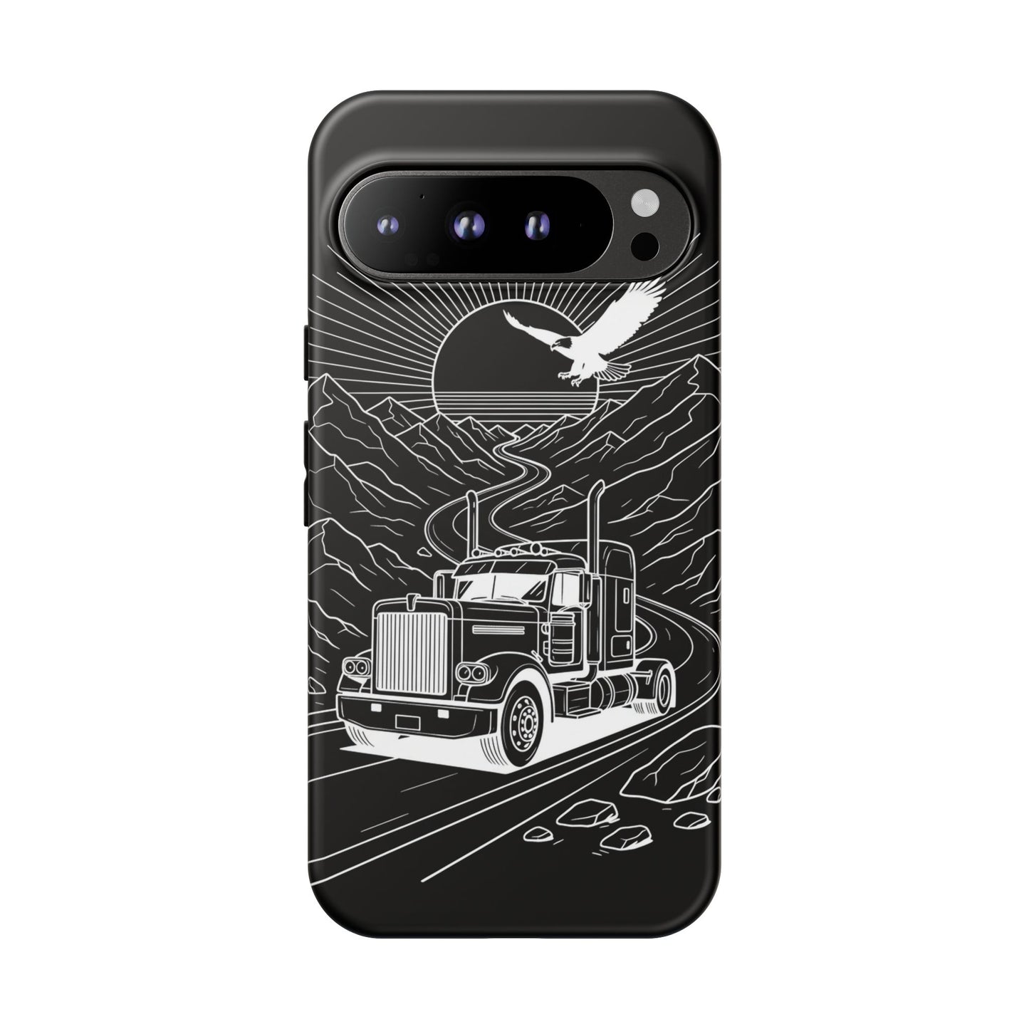 Trucker Highway Phone Case | Eagle & Mountain Line Art | Black Western Tough Case