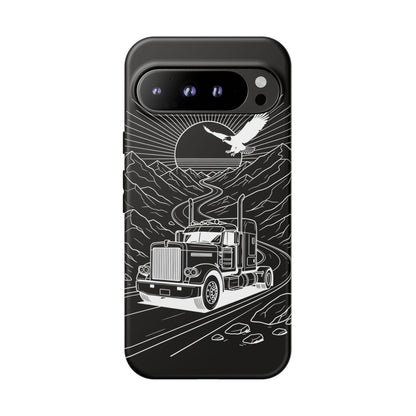 Trucker Highway Phone Case | Eagle & Mountain Line Art | Black Western Tough Case