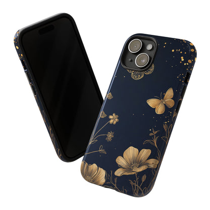 Gold Floral Butterfly Phone Case, Dark Aesthetic Botanical, Elegant Black Luxury iPhone Samsung Cover