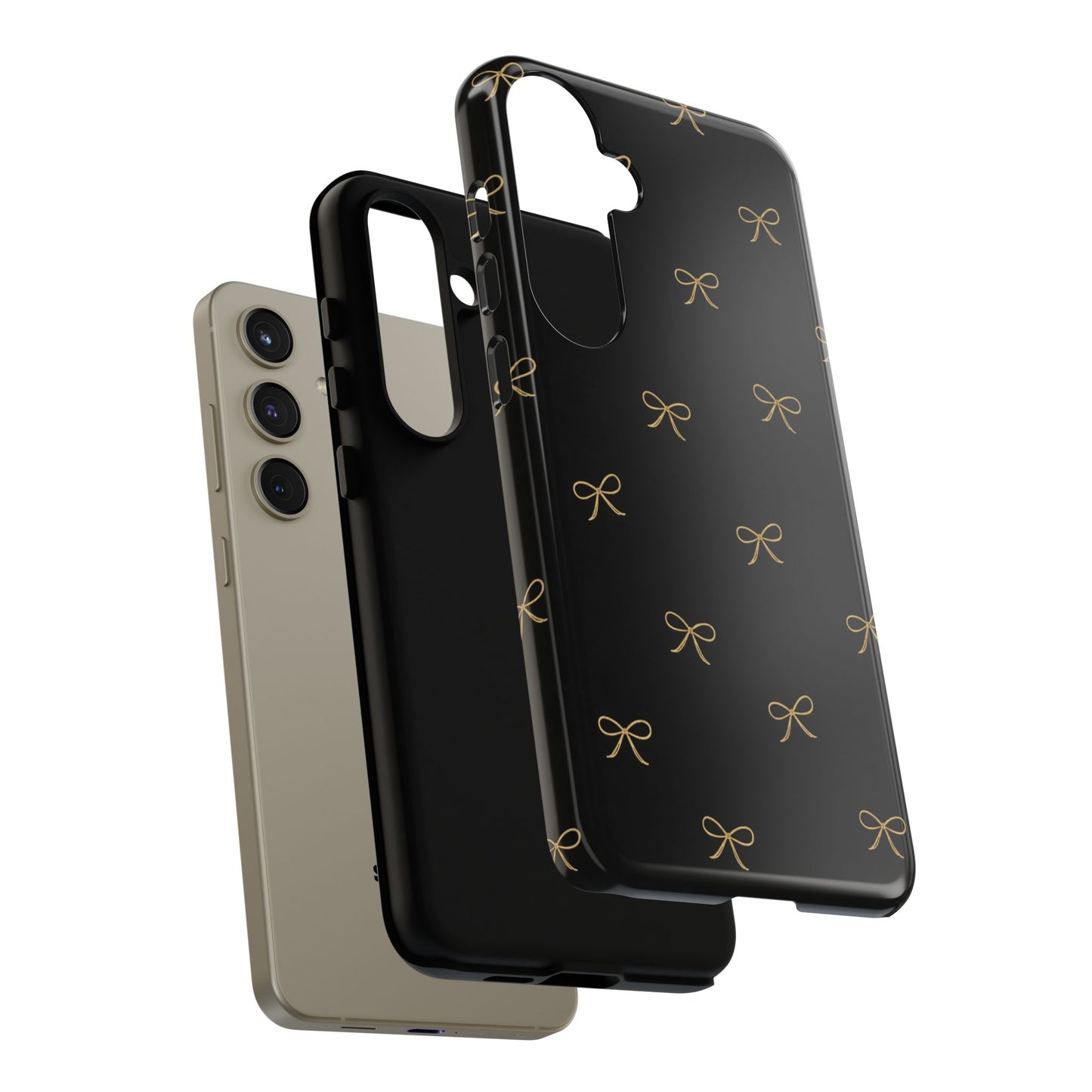 Black Phone Case with Gold Bow Pattern – Slim Protective Cute Aesthetic Cover for Iphone, Samsung Galaxy and Pixel