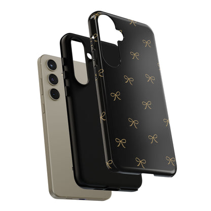 Black Phone Case with Gold Bow Pattern – Slim Protective Cute Aesthetic Cover for Iphone, Samsung Galaxy and Pixel