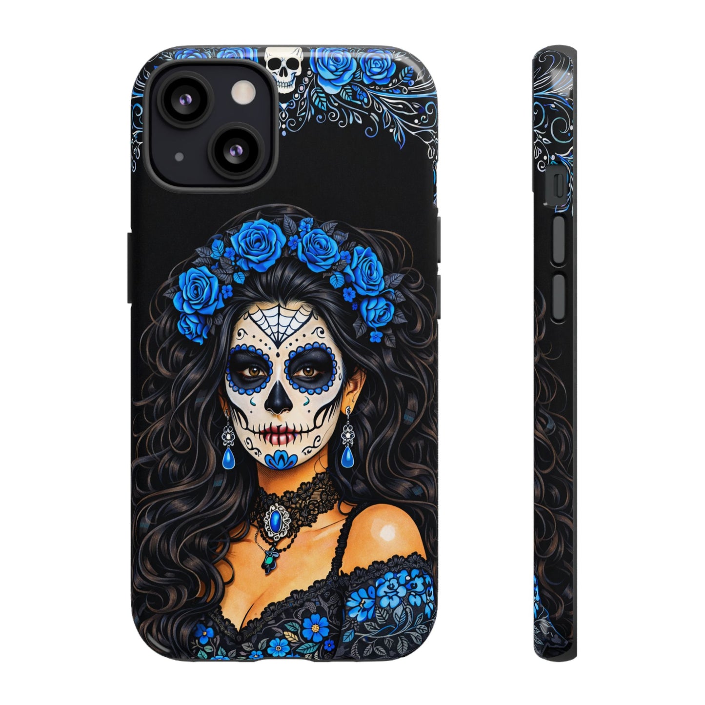 Blue Sugar Skull Woman Phone Case – Day of the Dead Aesthetic Tough Cover