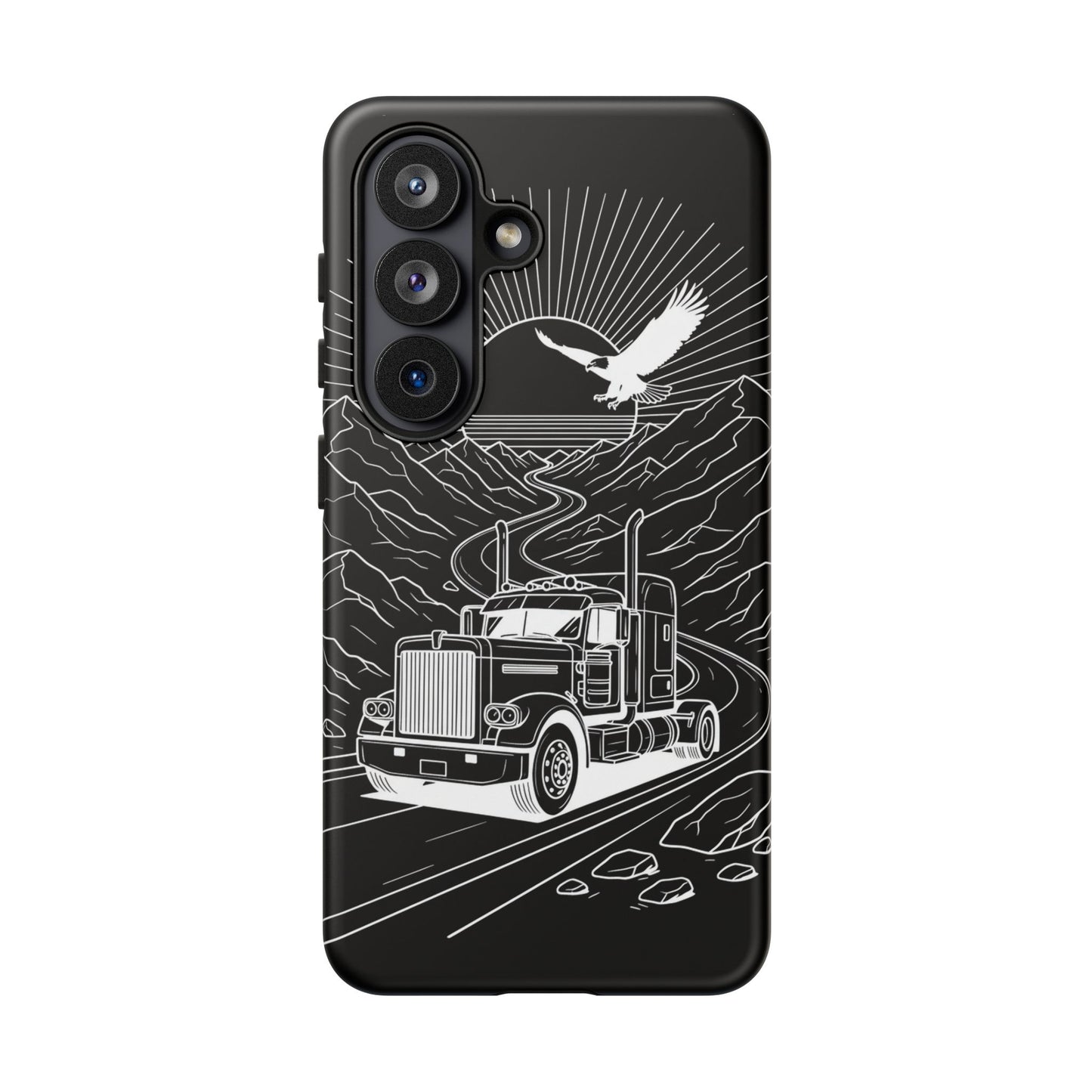 Trucker Highway Phone Case | Eagle & Mountain Line Art | Black Western Tough Case