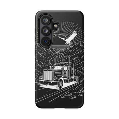 Trucker Highway Phone Case | Eagle & Mountain Line Art | Black Western Tough Case