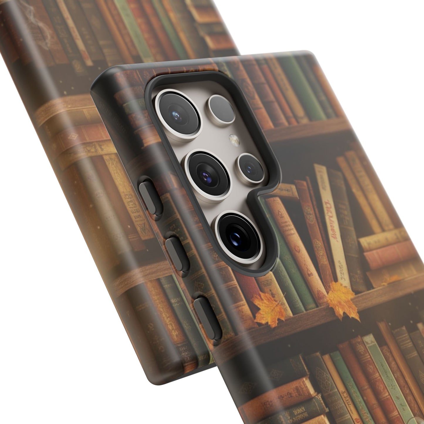 Cozy Vintage Bookshelf Phone Case, Library Aesthetic Book Stack, Autumn Coffee Vibes (iPhone, Samsung, Pixel)