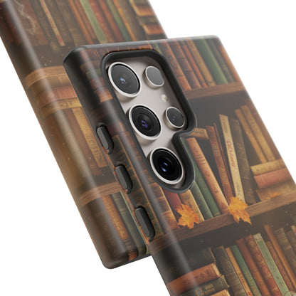 Cozy Vintage Bookshelf Phone Case, Library Aesthetic Book Stack, Autumn Coffee Vibes (iPhone, Samsung, Pixel)