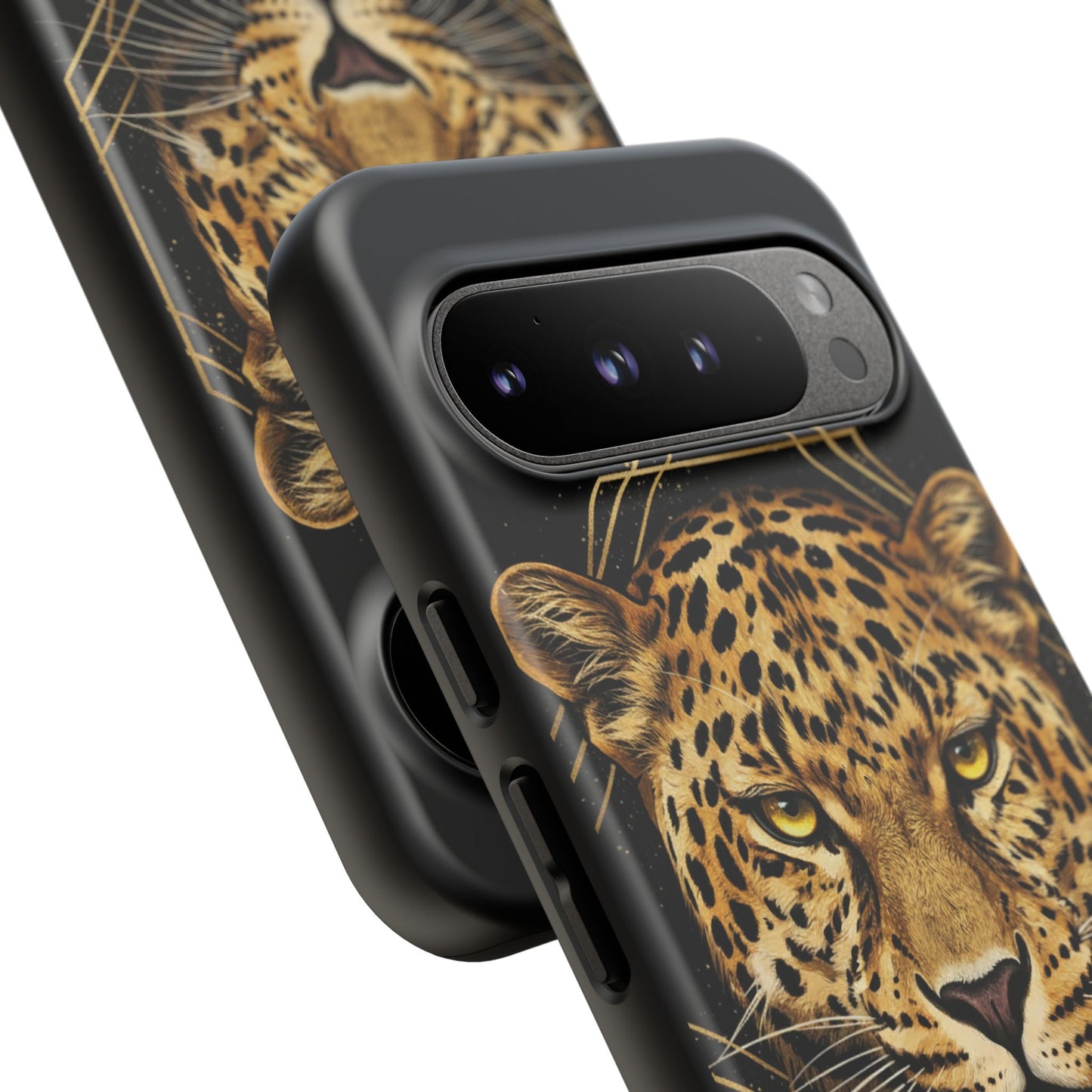 Leopard Head Geometric Phone Case – Black & Gold Luxe Tough Case