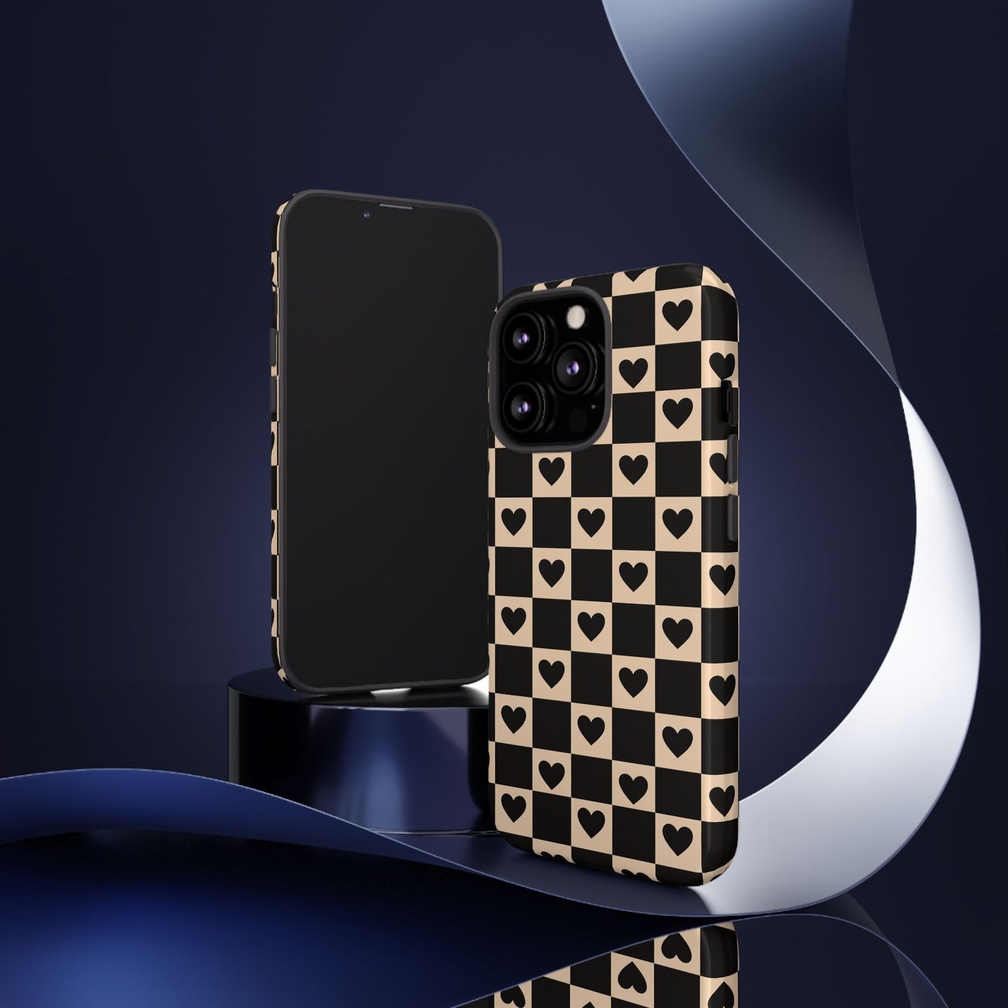 Checkerboard Heart Phone Case – Black & Beige Cute Aesthetic Protective Cover for Iphone, Samsung Galaxy and Pixel