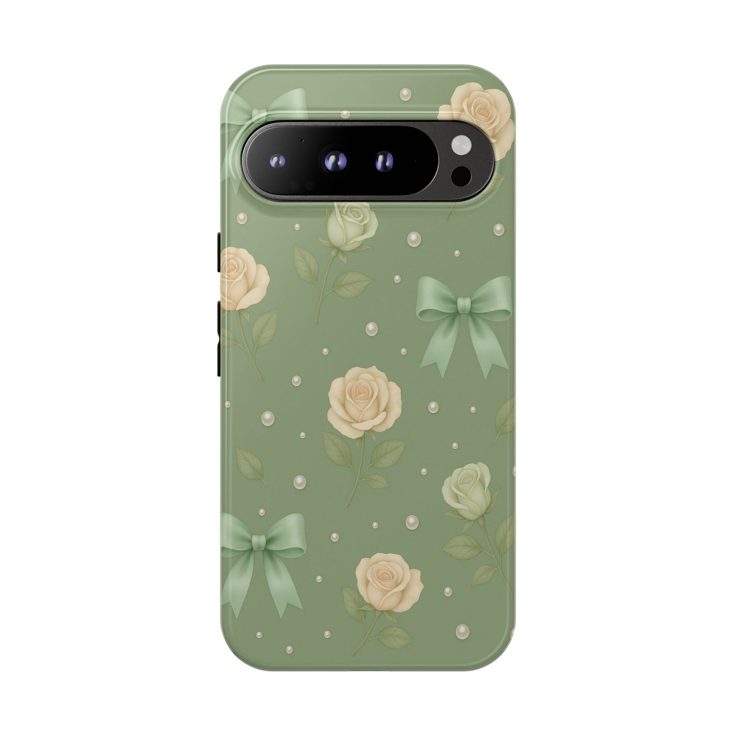 Vintage Rose Bow Phone Case – Sage Green Floral Coquette Aesthetic Tough Case (iPhone, Samsung, Pixel)