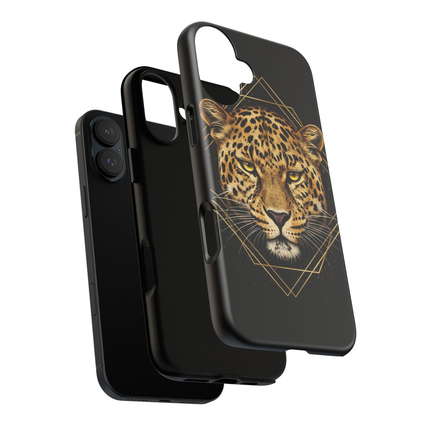 Leopard Head Geometric Phone Case – Black & Gold Luxe Tough Case