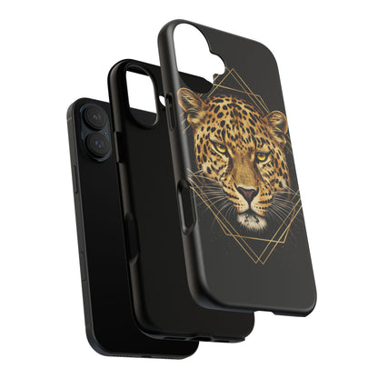 Leopard Head Geometric Phone Case – Black & Gold Luxe Tough Case