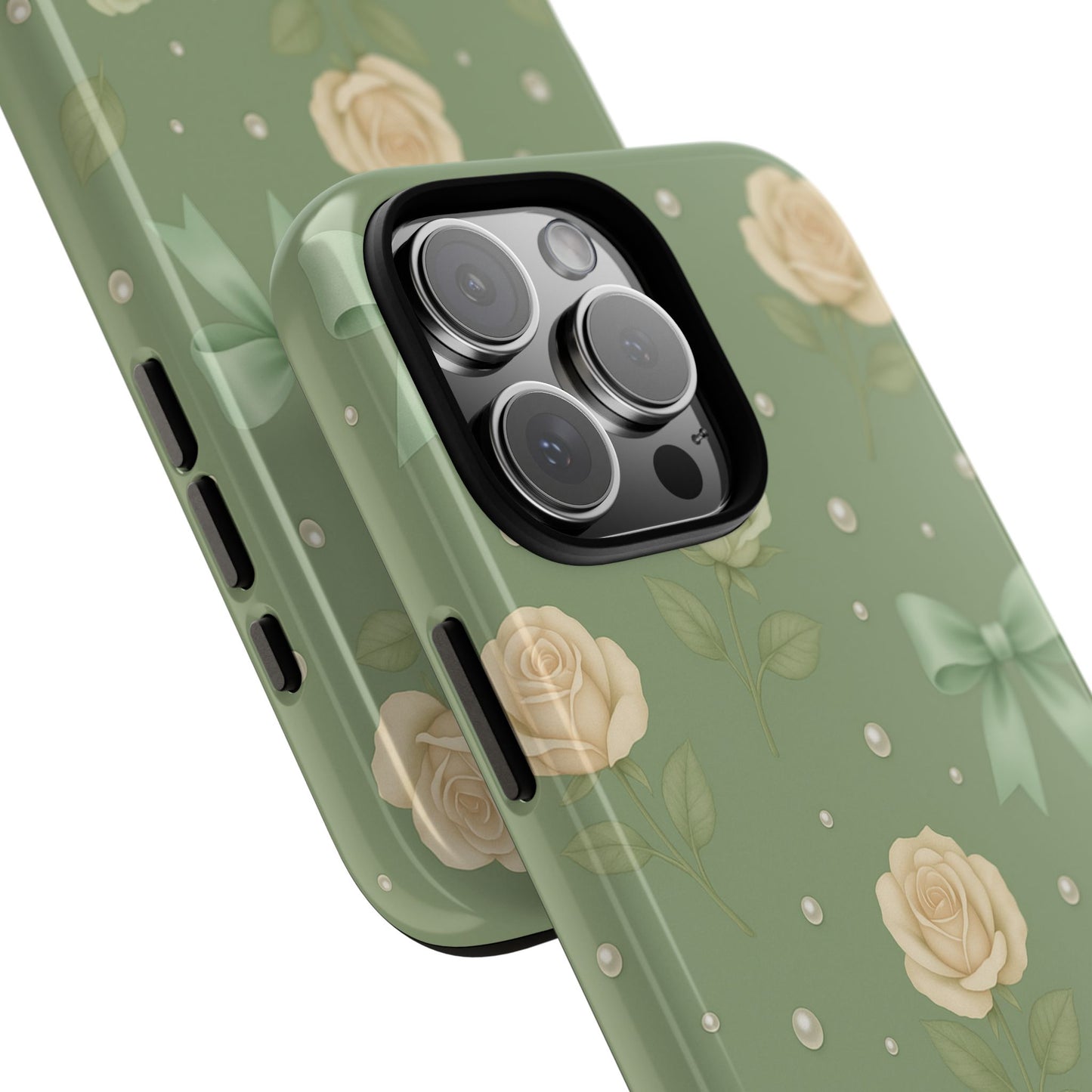 Vintage Rose Bow Phone Case – Sage Green Floral Coquette Aesthetic Tough Case (iPhone, Samsung, Pixel)