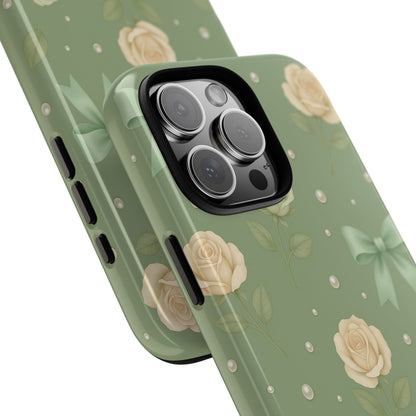 Vintage Rose Bow Phone Case – Sage Green Floral Coquette Aesthetic Tough Case (iPhone, Samsung, Pixel)