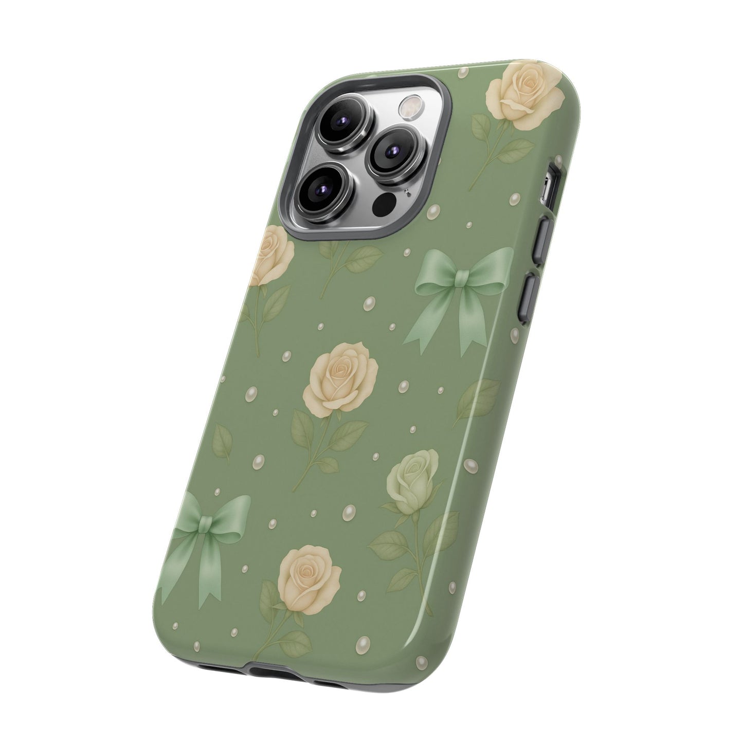 Vintage Rose Bow Phone Case – Sage Green Floral Coquette Aesthetic Tough Case (iPhone, Samsung, Pixel)