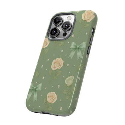 Vintage Rose Bow Phone Case – Sage Green Floral Coquette Aesthetic Tough Case (iPhone, Samsung, Pixel)