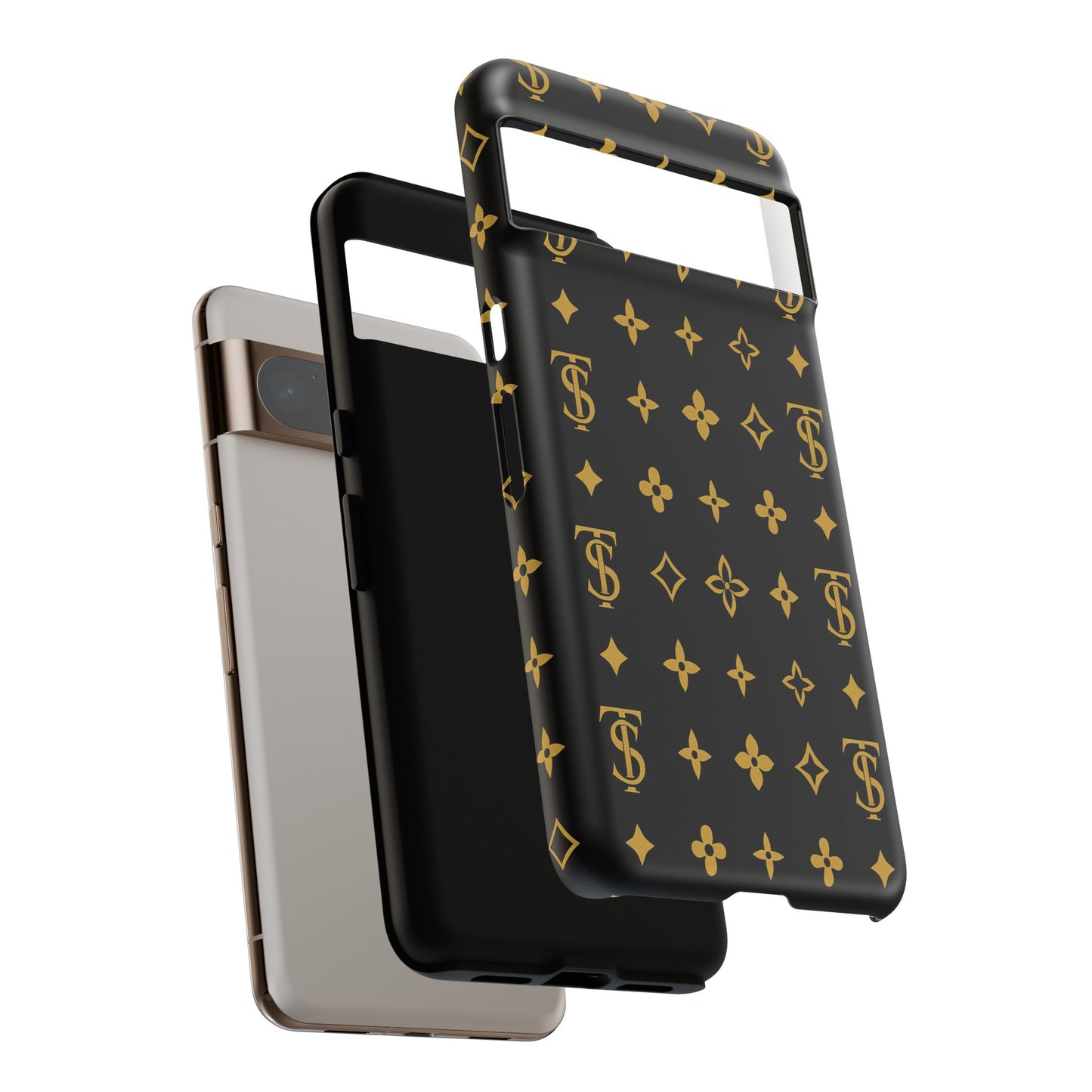 Gold Monogram Pattern Tough Phone Case | Black & Gold Luxury Design for Iphone, Samsung Galaxy and Pixel