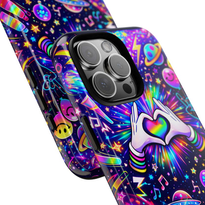 Rainbow Heart Hands Phone Case – Neon Galaxy EDM Festival Tough Cover