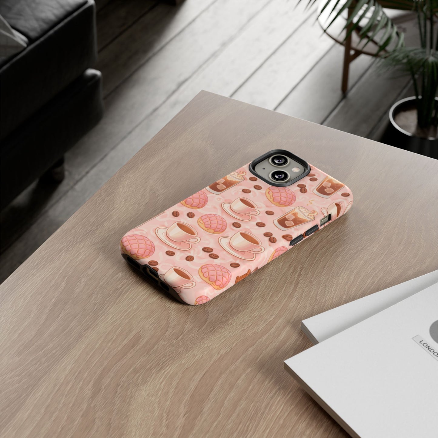 Cute Coffee & Pink Concha Phone Case – Coffee Lover Aesthetic Latte Pattern Tough Case