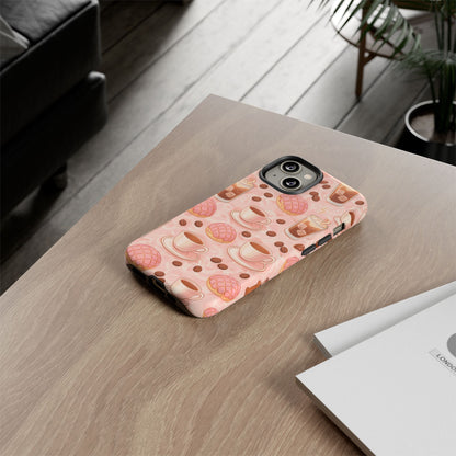 Cute Coffee & Pink Concha Phone Case – Coffee Lover Aesthetic Latte Pattern Tough Case
