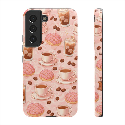 Cute Coffee & Pink Concha Phone Case – Coffee Lover Aesthetic Latte Pattern Tough Case