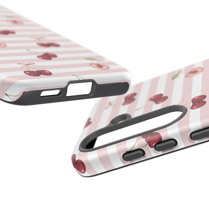 Pink Cherry Stripe Phone Case | Cute Coquette Aesthetic Protective Tough Case