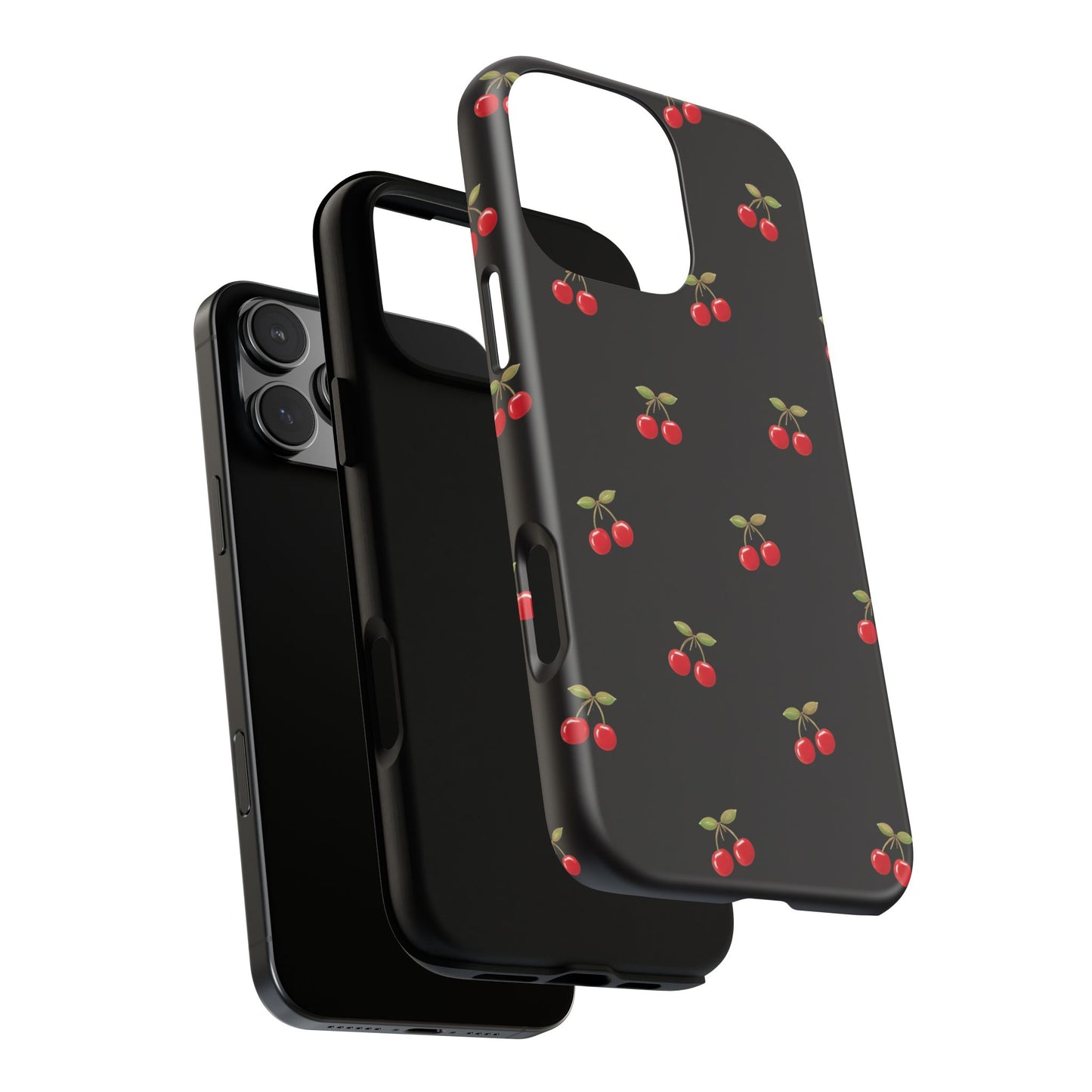 Cherry Pattern Phone Case — Slim Black Protective iPhone Case with Red Cherries for Iphone, Samsung Galaxy and Pixel