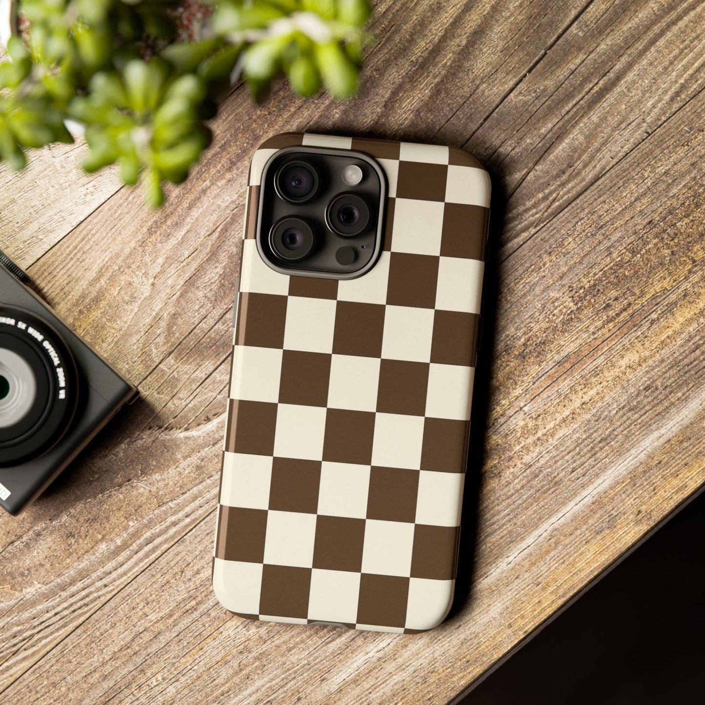 Mocha Checkerboard Phone Case | Neutral Aesthetic Checkered iPhone & Samsung Tough Case