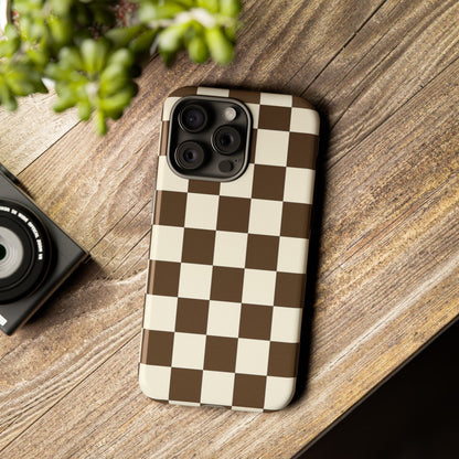 Mocha Checkerboard Phone Case | Neutral Aesthetic Checkered iPhone & Samsung Tough Case