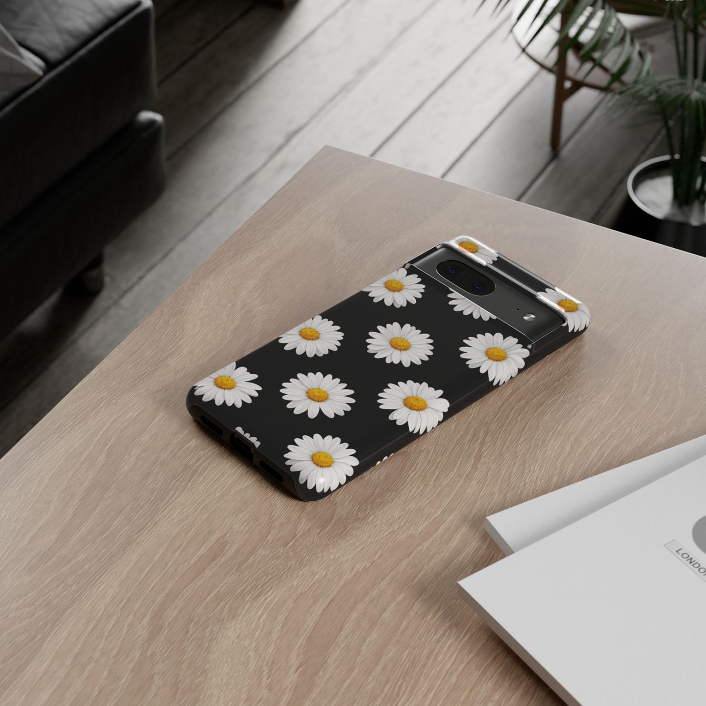 Black Daisy Floral Tough Phone Case – Cute Protective Cover for Iphone, Samsung Galaxy and Pixel