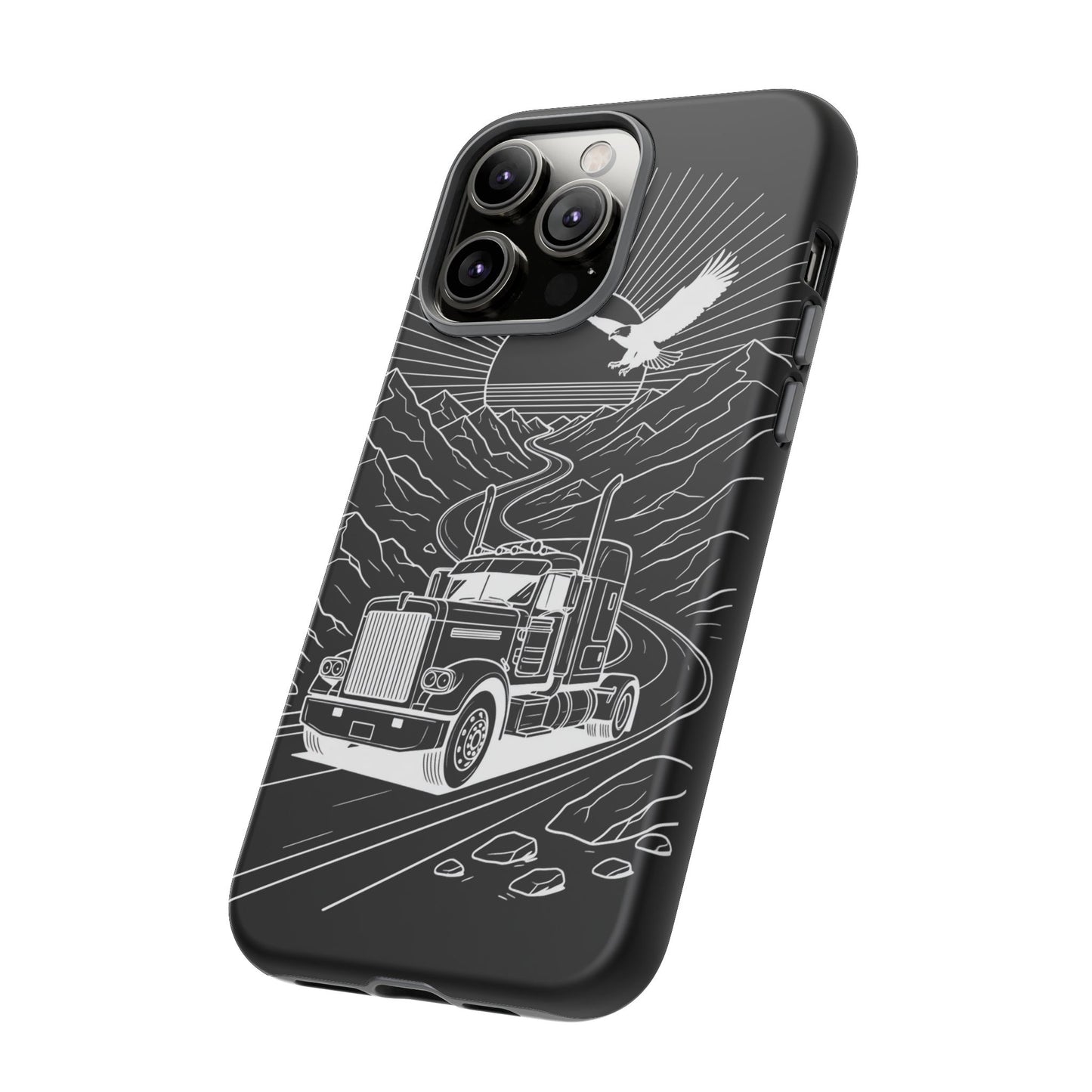 Trucker Highway Phone Case | Eagle & Mountain Line Art | Black Western Tough Case