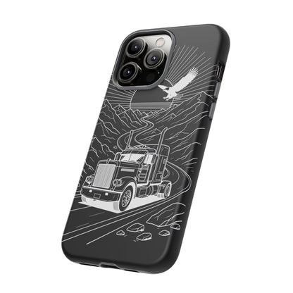 Trucker Highway Phone Case | Eagle & Mountain Line Art | Black Western Tough Case