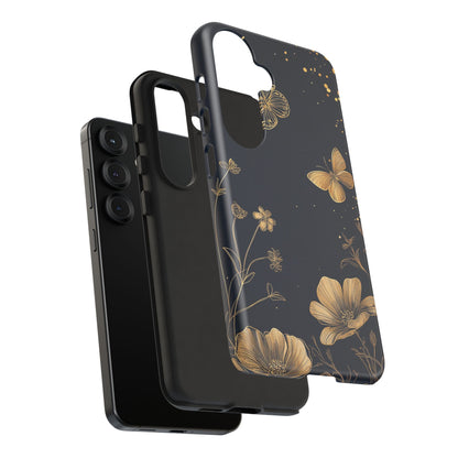 Gold Floral Butterfly Phone Case, Dark Aesthetic Botanical, Elegant Black Luxury iPhone Samsung Cover