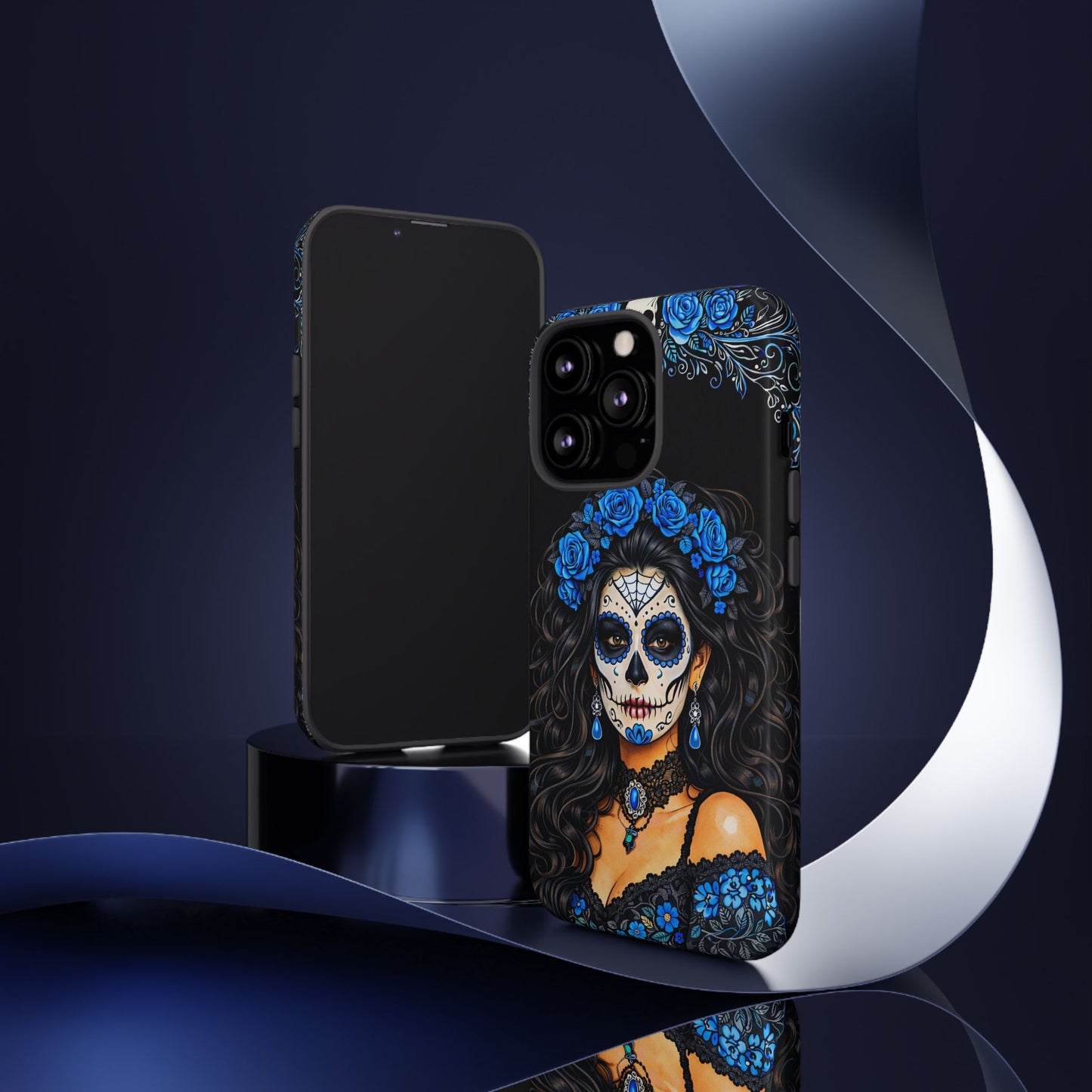 Blue Sugar Skull Woman Phone Case – Day of the Dead Aesthetic Tough Cover