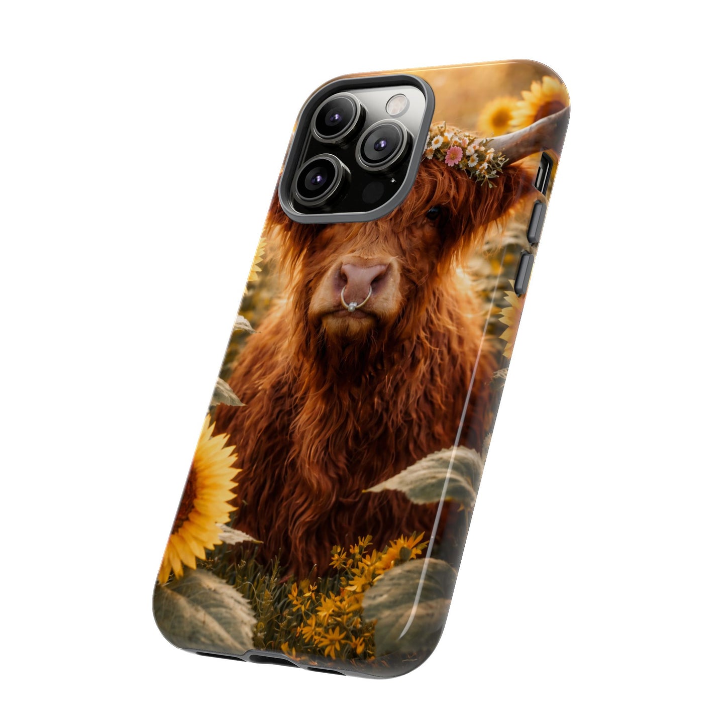 Highland Cow Sunflower Phone Case | Floral Farmhouse iPhone, Samsung Galaxy and Pixel Cover