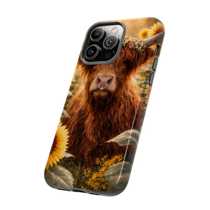 Highland Cow Sunflower Phone Case | Floral Farmhouse iPhone, Samsung Galaxy and Pixel Cover