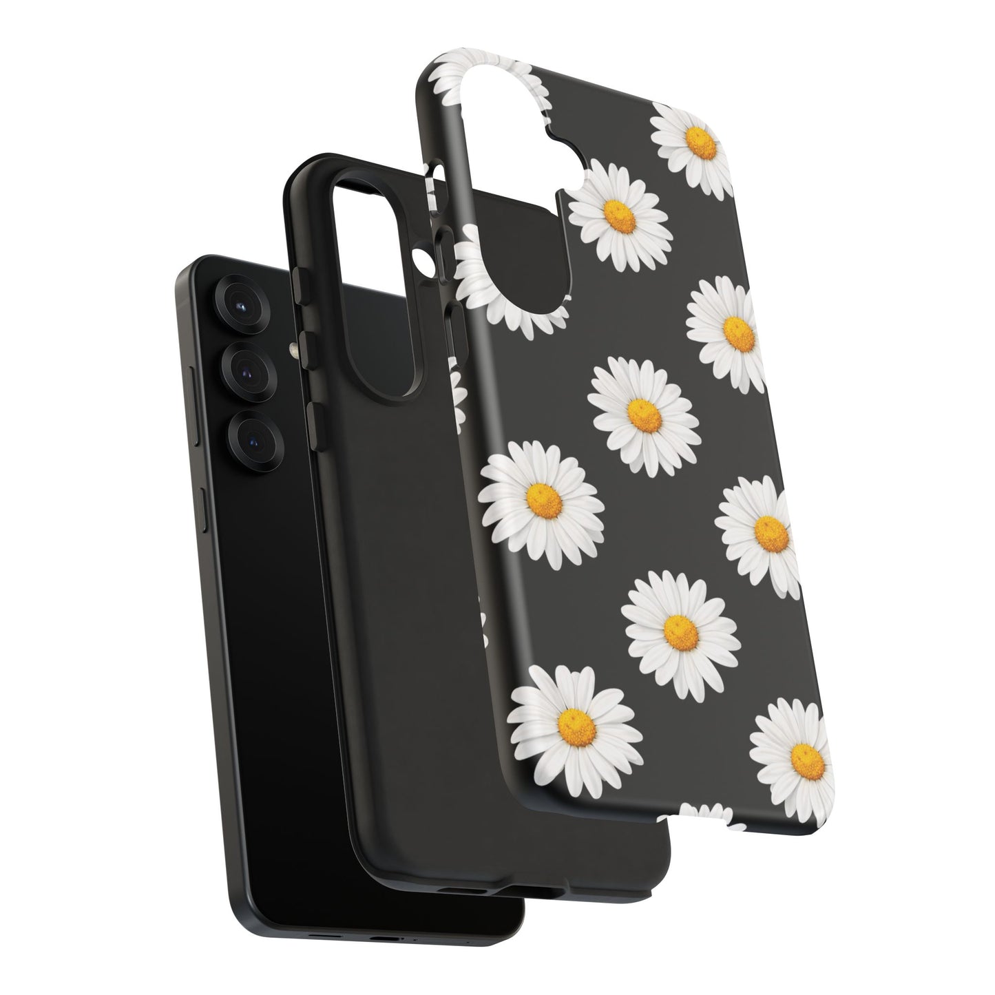 Black Daisy Floral Tough Phone Case – Cute Protective Cover for Iphone, Samsung Galaxy and Pixel