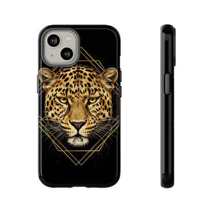 Leopard Head Geometric Phone Case – Black & Gold Luxe Tough Case