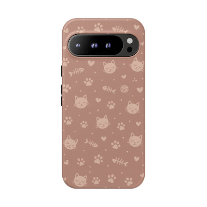Cute Cat Pattern Phone Case | Paw Prints, Fishbone & Yarn Design Tough Case