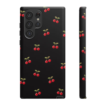 Cherry Pattern Phone Case — Slim Black Protective iPhone Case with Red Cherries for Iphone, Samsung Galaxy and Pixel